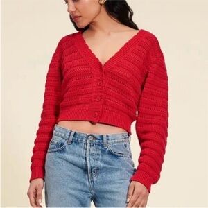 Rouje Scalloped Crochet Red Adelie Cardigan